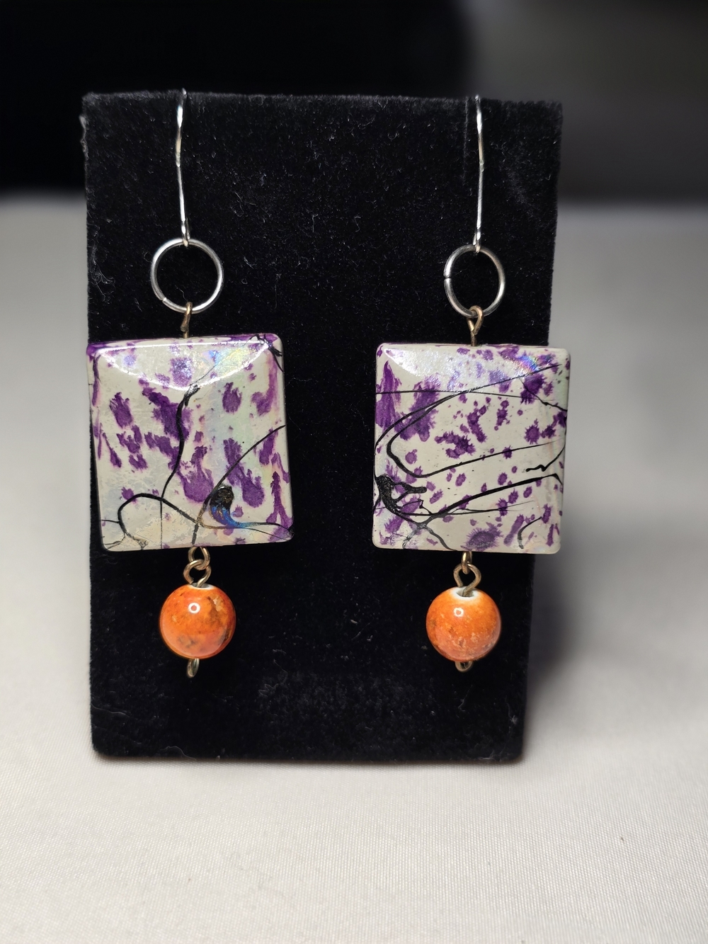 Handmade Purple Splash & Orange Bead Dangle Earrings
